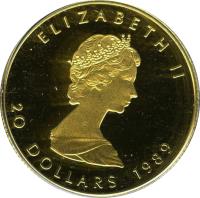 obverse of 20 Dollars - Elizabeth II - 2'nd Portrait (1986 - 1989) coin with KM# 153 from Canada. Inscription: ELIZABETH II 10 DOLLARS 1989