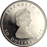 obverse of 50 Dollars - Elizabeth II - 2'nd Portrait (1988 - 1989) coin with KM# 167 from Canada. Inscription: ELIZABETH II 50 DOLLARS 1989