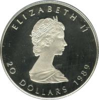 obverse of 20 Dollars - Elizabeth II - 2'nd Portrait (1988 - 1989) coin with KM# 166 from Canada. Inscription: ELIZABETH II 20 DOLLARS 1989