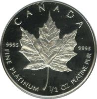 reverse of 20 Dollars - Elizabeth II - 2'nd Portrait (1988 - 1989) coin with KM# 166 from Canada. Inscription: CANADA 9995 9995 FINE PLATINUM 1/4 OZ PLATINE PUR