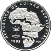 obverse of 7000 Francos - Endangered wildlife: Lions (1992) coin with KM# 76 from Equatorial Guinea. Inscription: REPUBLICA DE GUINEA ECUATORIAL 1992 999