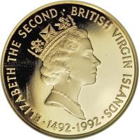 obverse of 500 Dollars - Elizabeth II - 500th Anniversary of the Discovery of America: Voyage of Discovery (1992) coin with KM# 258 from British Virgin Islands. Inscription: ELIZABETH THE SECOND · BRITISH VIRGIN ISLANDS · 1492 - 1992 ·