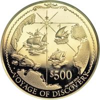 reverse of 500 Dollars - Elizabeth II - 500th Anniversary of the Discovery of America: Voyage of Discovery (1992) coin with KM# 258 from British Virgin Islands. Inscription: $500 .500 FINE GOLD VOYAGE OF DISCOVERY