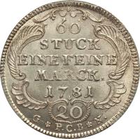 reverse of 20 Kreuzer (1781 - 1784) coin with KM# 266 from German States. Inscription: 60 STUCK EINE FEINE MARCK. 1781 20 G * P.C.B * N.