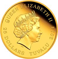 obverse of 25 Dollars - Elizabeth II - 100th Anniversary of the Career of Charlie Chaplin (2014) coin with KM# 257 from Tuvalu. Inscription: QUEEN ELIZABETH II 25 DOLLARS TUVALU 2014