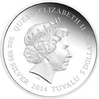 obverse of 5 Dollars - Elizabeth II - 450th Anniversary of the Birth of William Shakespeare (2014) coin with KM# 266 from Tuvalu. Inscription: QUEEN ELIZABETH II 5oz 999 SILVER 2014 TUVALU 5 DOLLARS