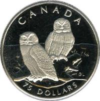 reverse of 75 Dollars - Elizabeth II - Canadian Wildlife: Snowy Owl (1991) coin with KM# 199 from Canada. Inscription: CANADA 75 DOLLARS