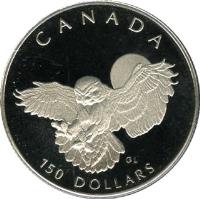 reverse of 150 Dollars - Elizabeth II - Canadian Wildlife: Snowy Owl (1991) coin with KM# 200 from Canada. Inscription: CANADA 150 DOLLARS