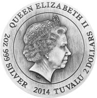 obverse of 2 Dollars - Elizabeth II - Gods of Olympus: Zeus (2014) coin with KM# 263 from Tuvalu. Inscription: QUEEN ELIZABETH II 2oz 999 SILVER 2014 TUVALU 2 DOLLARS