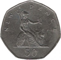 reverse of 50 New Pence - Elizabeth II - 2'nd Portrait (1969 - 1981) coin with KM# 913 from United Kingdom. Inscription: 50 NEW PENCE