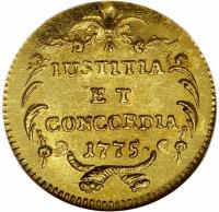 reverse of 1 Ducat (1775) coin with KM# 161 from Swiss cantons. Inscription: IUSTITIA ET CONCORDIA 1775.