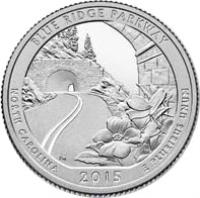 reverse of 1/4 Dollar - America the Beautiful: Blue Ridge Parkway, North Carolina (2015) coin with KM# 599 from United States. Inscription: BLUE RIDGE PARKWAY NORTH CAROLINA 2015 E PLURIBUS UNUM