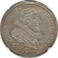 obverse of 1 Taler - Ferdinand II (1621 - 1623) coin with KM# A270 from German States. Inscription: FERDINANDVS.II.D:G:ROM:IMP:SEM:AVG:GER:HUN:BO:REX 1623