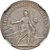 obverse of 1/4 Scudo (1798) coin with C# 1 from Italian States. Inscription: LIBERTA.VIRTU.EGUAGLIANZA.