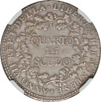 reverse of 1/4 Scudo (1798) coin with C# 1 from Italian States. Inscription: QUARTO DI SCUDO ANNO · VII · REP · I · DELLA · LIBERTA · PIEMONTESE