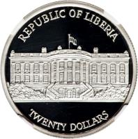 obverse of 20 Dollars - Inauguration of George W. Bush and Richard Cheney (2001) coin with KM# 514 from Liberia. Inscription: REPUBLIC OF LIBERIA 20 DOLLARS