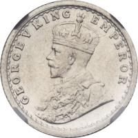 obverse of 1/4 Rupee - George V (1911) coin with KM# 517 from India. Inscription: GEORGE V KING EMPEROR