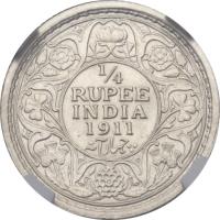 reverse of 1/4 Rupee - George V (1911) coin with KM# 517 from India. Inscription: 1/4 RUPEE INDIA 1911 چار آنہ