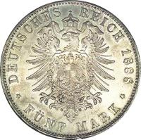 reverse of 5 Mark - Otto (1888) coin with KM# 907 from German States. Inscription: DEUTSCHES REICH 1888 * FÜNF MARK *