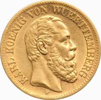 obverse of 10 Mark - Karl I (1874 - 1888) coin with KM# 624 from German States. Inscription: KARL KOENIG VON WUERTTEMBERG