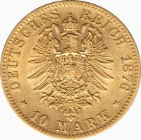 reverse of 10 Mark - Karl I (1874 - 1888) coin with KM# 624 from German States. Inscription: DEUTSCHES REICH 1876 * 10 MARK *