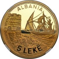 reverse of 5 Lekë - Seaport of Durazzo (1987) coin with KM# 57a from Albania. Inscription: ALBANIA KALAJA E DURRESIT 5 LEKË