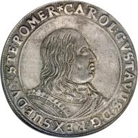 obverse of 1 Taler - Carl X Gustaf - Swedish occupation (1655 - 1657) coin with KM# 217 from German States. Inscription: CAROL:GVSTAVUS.D:G:REX.SUE.DVX.STE:POMER