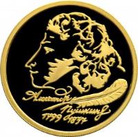 reverse of 50 Roubles - 200th Anniversary of the Birth of A.S. Pushkin (1999) coin with Y# 692 from Russia.