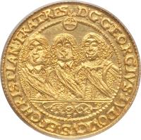 obverse of 1 Dukat - Georg III / Ludwig IV / Christian (1651 - 1652) coin with KM# 380 from German States. Inscription: D:G:GEORGIVS.LVDOVICVS.ET.ChRISTIAN:FRATRES