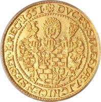 reverse of 1 Dukat - Georg III / Ludwig IV / Christian (1651 - 1652) coin with KM# 380 from German States. Inscription: DVCES.SILESIÆ.LIGNICENSES.ET.BREG:1651.