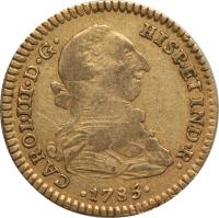 obverse of 2 Escudos - Carlos III (1785 - 1788) coin with KM# 130a from Mexico. Inscription: CAROL · III · D · G · HISP · ET IND · R · · 1787 ·