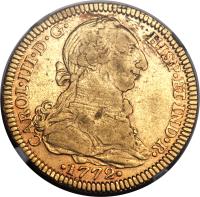 obverse of 4 Escudos - Carlos III (1772 - 1784) coin with KM# 142 from Mexico. Inscription: CAROL · III · D · G · HISP · ET IND · R · · 1779 ·