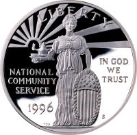 obverse of 1 Dollar - Corporation for National and Community Service (1996) coin with KM# 275 from United States. Inscription: LIBERTY IN GOD WE TRUST NATIONAL COMMUNITY SERVICE 1996