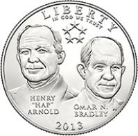 obverse of 1/2 Dollar - US Army 5-Star Generals: Henry Arnold and Omar Bradley (2013) coin with KM# 554 from United States. Inscription: LIBERTY IN GOD WE TRUST * * * * * HENRY 