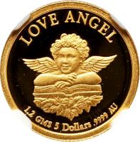 reverse of 5 Dollars - Elizabeth II - Christmas (1997) coin with KM# 923 from Cook Islands. Inscription: LOVE ANGEL 1.2 GMS 5 Dollars .999 AU