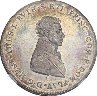 obverse of 1 Taler - Heinrich XIII (1806 - 1807) coin with KM# 93 from German States. Inscription: D. G. HENR. XIII. S. L. RVTH. S. R. I. PRINC. COM. E. DOM. PLAV. L