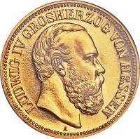 obverse of 20 Mark - Ludwig IV (1892) coin with KM# 365 from German States. Inscription: LUDWIG IV GROSHERZOG VON HESSEN A