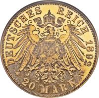 reverse of 20 Mark - Ludwig IV (1892) coin with KM# 365 from German States. Inscription: DEUTSCHES REICH 1892 * 20 MARK *