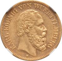 obverse of 10 Mark - Karl I (1890 - 1891) coin with KM# 630 from German States. Inscription: KARL KOENIG VON WUERTTEMBERG F