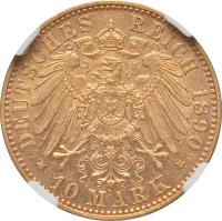 reverse of 10 Mark - Karl I (1890 - 1891) coin with KM# 630 from German States. Inscription: DEUTSCHES REICH 1890 * 10 MARK *