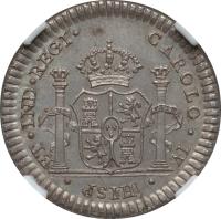 obverse of 1 Real - Carlos IV - Carlos IV Proclamation: Puebla (1790) coin with C# 140 from Mexico. Inscription: CAROLO * IV * HISP * ET * IND * REGI *