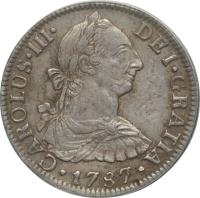 obverse of 2 Reales - Carlos III (1785 - 1789) coin with KM# 88a from Mexico. Inscription: CAROLUS · III · DEI · GRATIA · 1787 ·