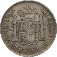 reverse of 2 Reales - Carlos III (1785 - 1789) coin with KM# 88a from Mexico. Inscription: · HISPAN · ET IND · REX · Mo · 2R · F · M ·