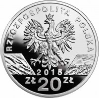 obverse of 20 Złotych - Animals of the World: Honeybee (2015) coin with Y# 940 from Poland. Inscription: RZECZPOSPOLITA POLSKA 2015 ZŁ 20 ZŁ