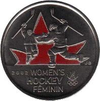 reverse of 25 Cents - Elizabeth II - Women's hockey gold medal, Salt Lake City 2002 (2009) coin with KM# 1064a from Canada. Inscription: 2002 WOMEN'S<br/>HOCKEY<br/>FÉMININ