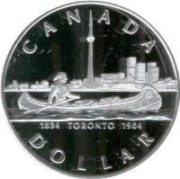 reverse of 1 Dollar - Elizabeth II - Toronto Sesquiecentennial (1984) coin with KM# 140 from Canada. Inscription: CANADA<br/>1834 TORONTO 1984<br/>DOLLAR