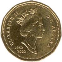 obverse of 1 Dollar - Elizabeth II - 50th Anniversary of Reign (2002) coin with KM# 467 from Canada. Inscription: ELIZABETH II<br/>D · G · REGINA<br/>1952<br/>2002