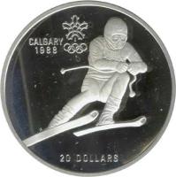 reverse of 20 Dollars - Elizabeth II - 1988 Calgary Olympics: Downhill Skier (1985) coin with KM# 145 from Canada. Inscription: CALGARY<br/>1988<br/>20 DOLLARS