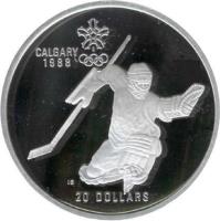 reverse of 20 Dollars - Elizabeth II - 1988 Calgary Olympics: Hockey (1986) coin with KM# 148 from Canada. Inscription: CALGARY<br/>1988<br/>20 DOLLARS