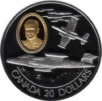 reverse of 20 Dollars - Elizabeth II - Aviation: Avro Canada CF-100 Canuck, Janus Zurakowsk (1996) coin with KM# 276 from Canada. Inscription: CANADA 20 DOLLARS